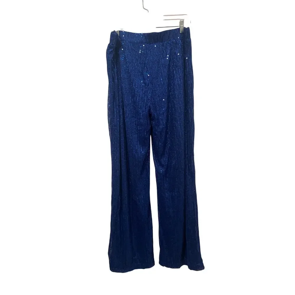 Women's Blue Elastic Waist Sparkly Sequins Wide Leg Pull On Pants Size 2XL - Picture 2 of 6